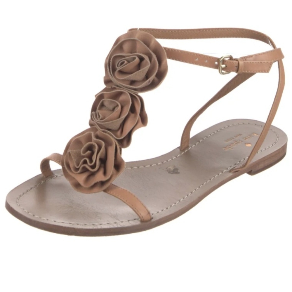 Kate Spade Shoes Tan Leather New York Ruffle Flower T Strap Flat Sandals Size 9